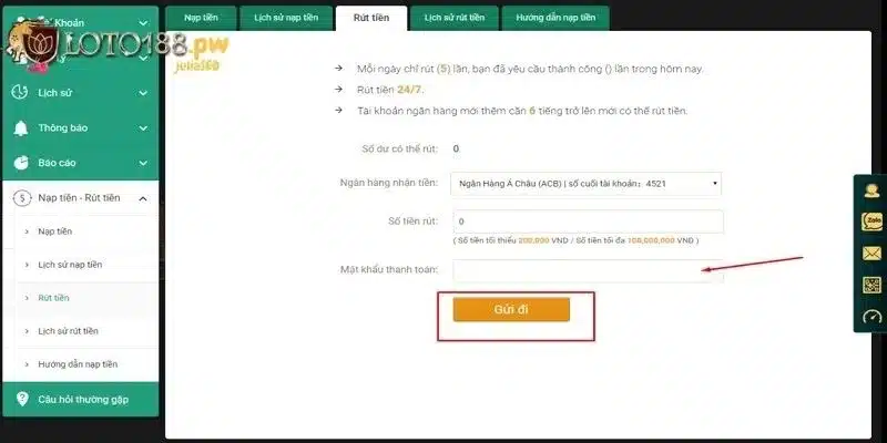 Thiết lập thông tin ngân hàng để rút tiền Loto188